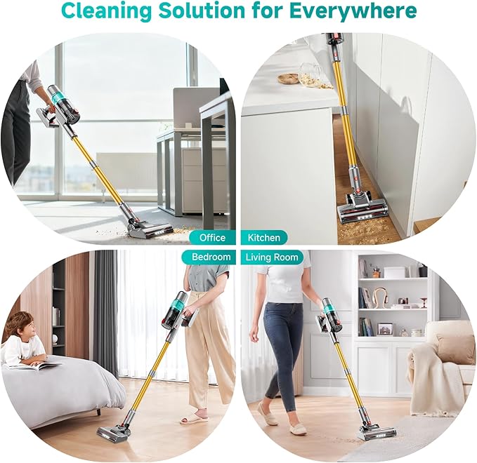Cordless Vacuum Cleaner: Portable 6-in-1 Stick Vacuum with Anti-Tangle Brush, LED Headlight, Self-Standing, HD Display, Rechargeable Vacuum for Pet Hair, Low-Pile Carpet and Hardwood Floor-Green