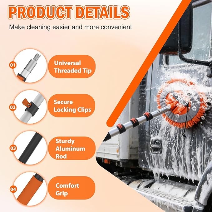 12FT Car Wash Brush with Long Handle, Car Cleaning Brush Kit with Soft Bristle Brush, Window Squeegee, Microfiber Mop, Wheel Brush, Mitt for Cleaning Truck, RV, Boat, Solar Panels