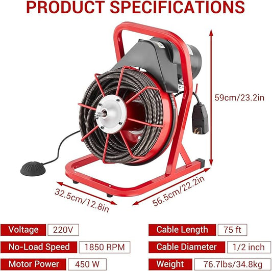 75FT x 1/2 Inch Drain Cleaner Machine, 400W Portable Drain Cleaning Machine Snake with 6 Cutters & Foot Switch for 1" to 4" Pipes, Heavy Duty Sewer Auger for Sinks, Toilets, Showers
