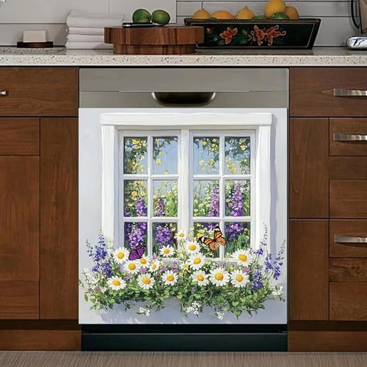 Kitchen Decor Dishwasher Magnet Cover Decal, Floral Window Garden with Daisies and Butterfly, Magnetic Dish Washer Panel Door Vinyl Sticker, Refrigerator Magnets,Easy to Clean, 23 x 26 inch