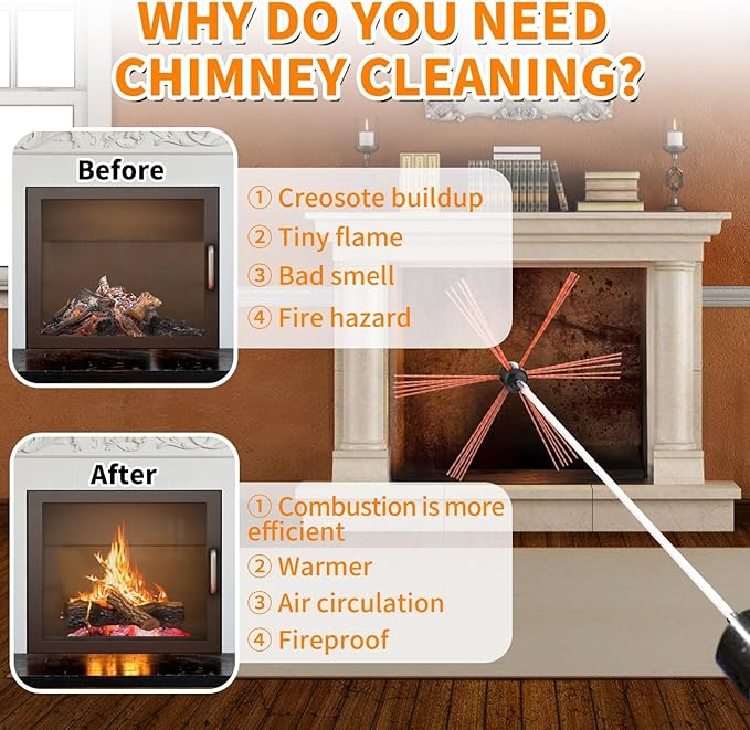 Sealegend 30 Feet Chimney Sweep Kit Chimney Brush, Chimney Cleaning Kit and Rotary Chimney Cleaning System, Fireplace Brush Tool with 9 Nylon Flexible Rods