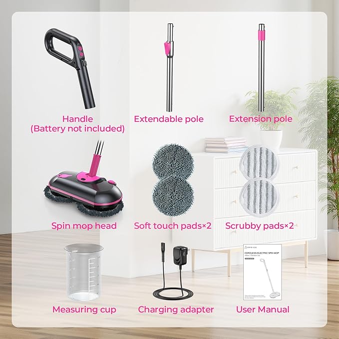 Cordless Electric Spin Mop with Water Sprayer, 300ml Tank Self-Propelled Floor Cleaner for Hardwood & Tile, Quiet Cleaning, Adjustable Handle, 2500mAh Long-Lasting Battery, Pink
