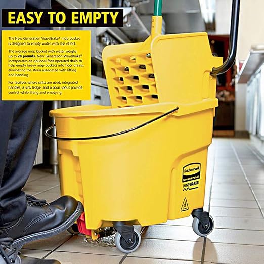 Rubbermaid Commercial Products WaveBrake 44 QT Side-Press Mop Bucket and Wringer Combo on Wheels with Foot Drain Yellow for Heavy-Duty Floor Cleaning