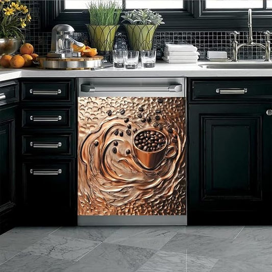 Coffee Copper Relief Effect Dishwasher Magnetic Cover for Door Front 23x26 Inch Dish Washer Magnet Panel Decal for Fridge Home Appliance Kitchen Decoration