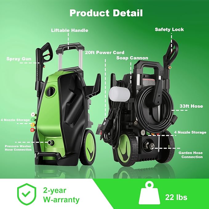 Commowner𝟓𝟎𝟎𝟎𝐏𝐒𝐈 𝐏𝐫𝐞𝐬𝐬*𝐮𝐫𝐞 𝐂𝐥𝐞𝐚*𝐧𝐞𝐫with 33ft Hose, Foam Cannon, 4 Tips, Green