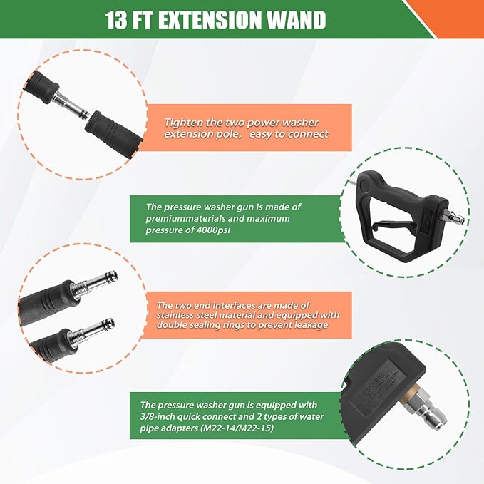 Gutter Cleaning Tools From the Ground, 13 FT Pressure Washer Extension Wand, Power Washer Lance With 5 Pressure Washer Spray Nozzle Tips, 30°, 120° Gutter Cleaner Curved Rod for Wall Roof Gutter