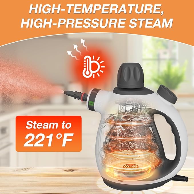 Handheld Steam Cleaner, Pressurized Multi-Purpose Natural Steamer with 12 pcs Accessories, Steamer for Cleaning Car, Countertop Bathroom, Shower, Upholstery, Couch, Tile Grout, Window, Grease