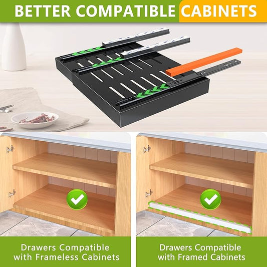 Pull Out Cabinet Organizer 21" Deep Expandable Slide Out Drawer Organizers,No Drill Roll Out Drawers Adhesive with Nano Compatible Framed Cabinets Shelves for Kitchen Pantry Adjustable Width