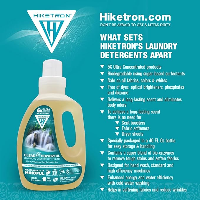Hiketron Clear & Powerful Unscented Liquid Laundry Detergent, 5x Ultra Concentrated, Tough Stains Remover, (40 Fl Oz, Pack of 2)