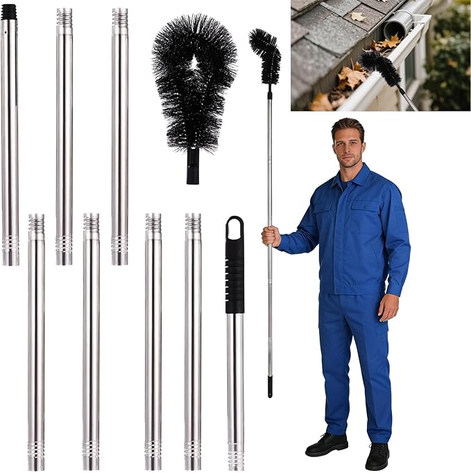 Ground Gutter Cleaning Tool, 105.5 in Extension Pole, Adjustable Gutter Cleaner Brush, L-Shaped Head, for Leaves Branches and Debris