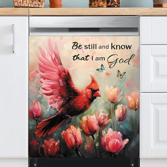 Generic Cardinal Dishwasher Magnet Cover, Tulips Spring Summer Flower Kitchen Decor Fridge Magnetic Sticker, Red Bird with Floral Home Appliances Cabinets Panel Decals,for All Seasons 23x26