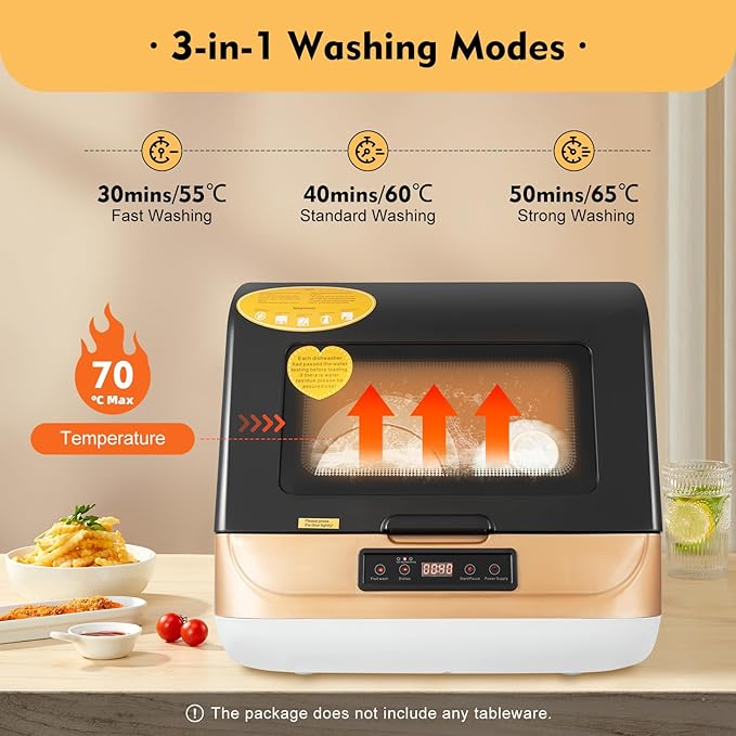 Countertop Dishwasher, 110V 800W Portable Compact Tabletop Dishwasher with 3 Washing Programs, Automatic Dish washer with Water Pipe, Cleaning Machine for Household Kitchen Apartment Boat (Gold)