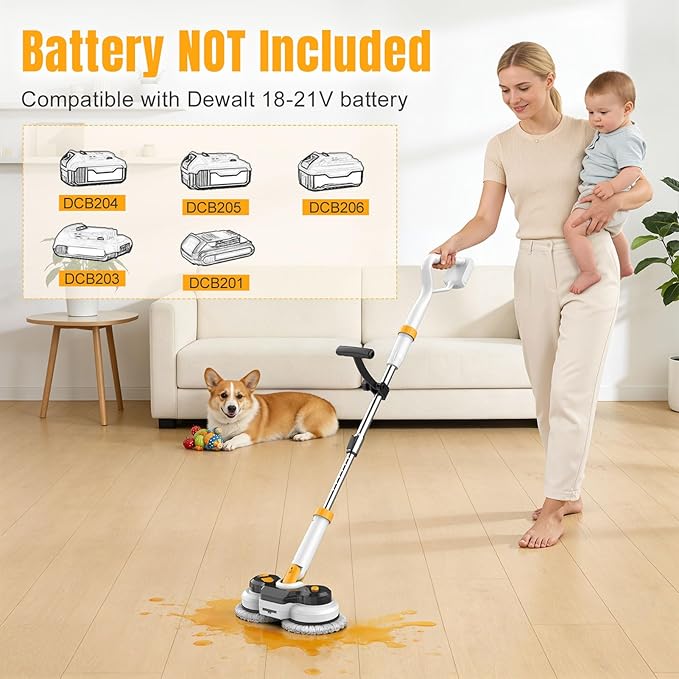 Cordless Electric Mop for Dewalt 20V Battery (NO Battery), 2 in 1 Spin Mop & Electric Floor Scrubber with LED Light & Water Spray, Electric Mops for Floor Cleaning, Hardwood,Tile (White Yellow)