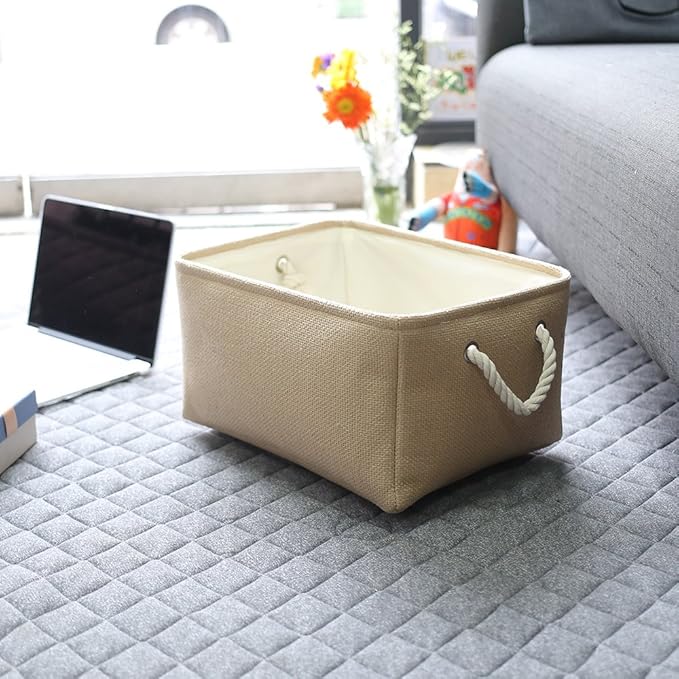 TheWarmHome Decorative Basket Rectangular Small Storage Basket Fabric Storage Bin Organizer Basket with Handles for Clothes Storage (Beige, 11.8L??7.9W??5.2H inch)
