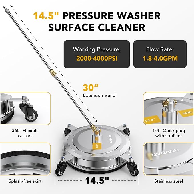 EVEAGE 14.5" Pressure Washer Surface Cleaner,Stainless Steel Pressure Washer Accessories 4 Weels & 1/4" Quick Connector,4000 PSI Power Washer for Driveway (Silver, 14.5inch)