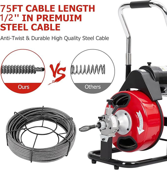 Drain Cleaner Machine 75FT x 1/2 Inch, Sewer Snake Auger with 370W Motor, Auto Feed, 8/4 Cutter Blades, Foot Switch & Wheels, Gloves, Semi-Enclosed Drum, Portable Drain Cleaning Tool for 1"-4" Pipes