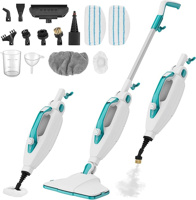10-in-1 Steam Mop, 1550W Detachable Handheld Steam Cleaner with 350ML Tank for Floor Cleaning, 16FT Power Cable, 2 Washable Pads, Multi-Purpose Steamer for Hardwood, Carpet, Tile, Windows,Cyan