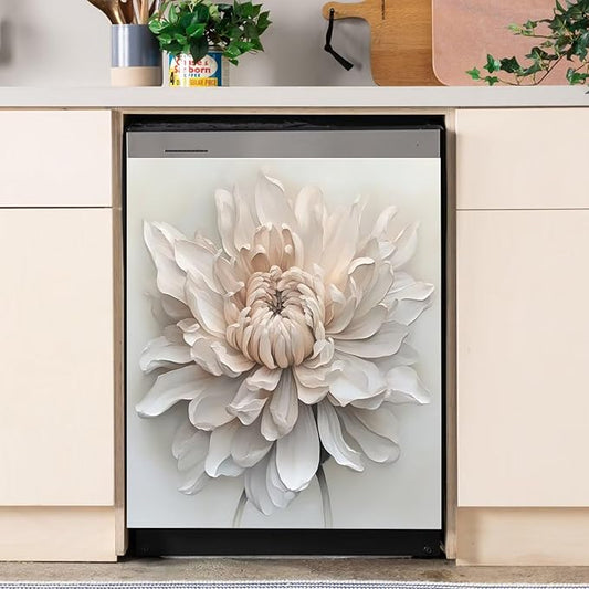 White Floral Magnetic Dishwasher Cover 23x26 | Reusable Appliance Skin for Dishwasher, Fridge, Washer | No-Residue Vinyl, Renters-Friendly, Scratch Hider | Housewarming