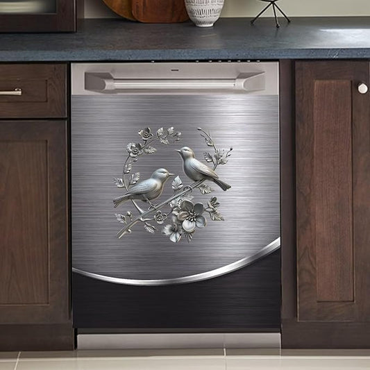Dishwasher Cover Sheet Magnetic Bird Flower,Grey Metal Silver Pattern Polishing Dishwasher Skin Magnet Decor Silver Texture, 23X17 INCH Steelbird Magnet Rerigerator Wrap, Kitchen Full Panel Decal