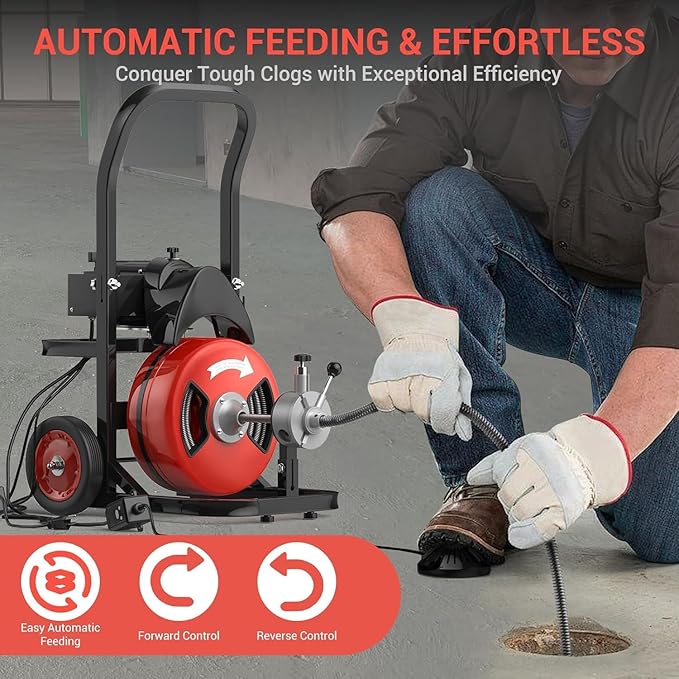 100Ft 1/2 Inch Drain Cleaning Machine, 450W Portable Drain Cleaning Machine Auto Feed Electric Sewer Snake, Electric Drain Auger with 6 Cutter Air-Activated Foot Switch for 2" to 4" Pipes