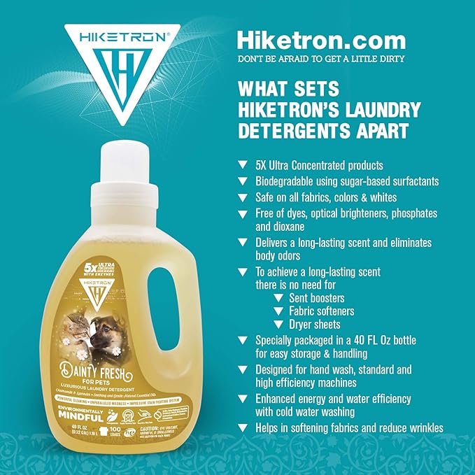 Hiketron Dainty Fresh For Pets Liquid Laundry Detergent, 5x Ultra Concentrated, Tough Stains Remover, Long Lasting Scent (40 Fl Oz, Pack of 1)