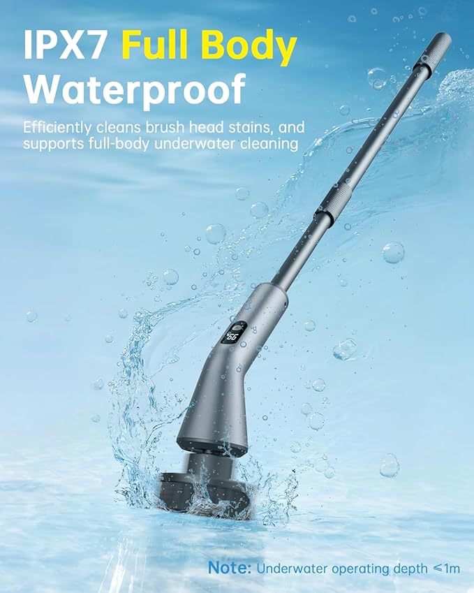 Electric Spin Scrubber, IPX7 Waterproof Dual Speed Cordless Cleaning Brush with 7 Replacement Heads, Extendable Long Handle Shower Scrubber for Bathroom Shower Bathtub Glass Tub Tile Floor Car