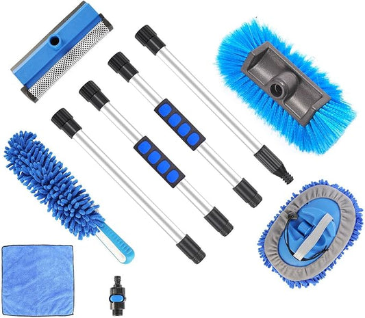 5Pcs Car Cleaning Brush Kit 61in Detachable Long Handle Soft Microfiber Mop Brush Mitt Windshield Squeegee Duster Towel Wheel Tier Brush Hose Adapter for Car RV Truck Boat