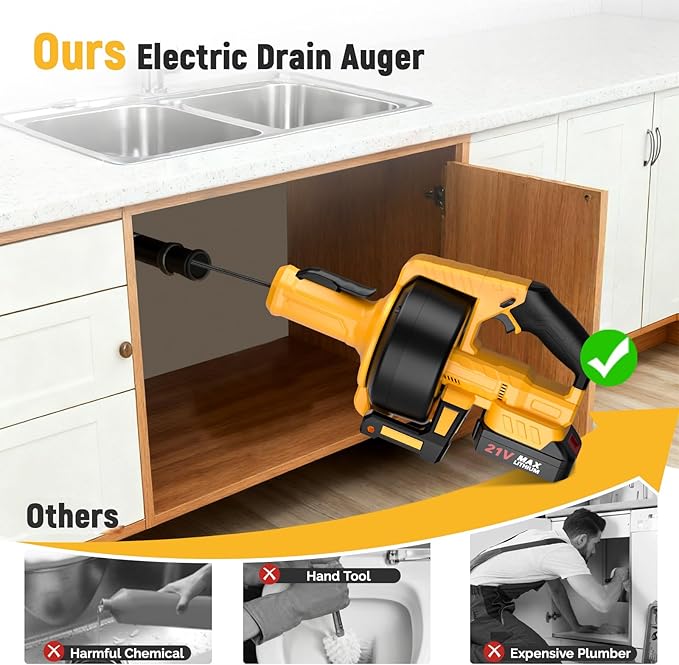 Electric Drain Auger,21V Cordless Drain Snake,25Ft Auto-Feed Snake Drain Hair Removal Tool with 2.0Ah Battery,Sink Snake Drain Cleaner for Sewer,Toilet,Kitchen,Shower 3/4"-2.95" Pipes(Bag&Gloves&Rag）
