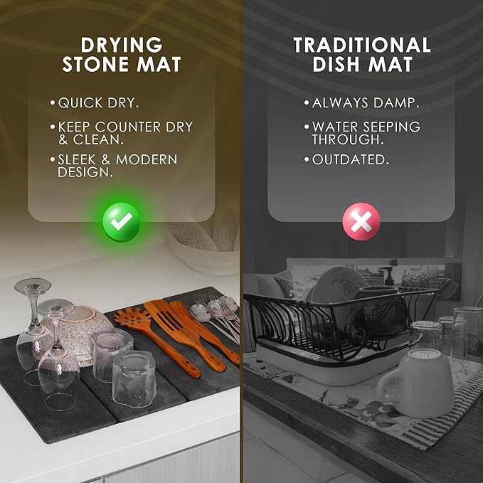 Large Black Stone Dish Drying Mat - Foldable & Water Absorbing Dish Drying Mat with Cleaning Tools, Anti-Slip, Stain Resistant, Easy-Clean, Kitchen Drying Mat and Highly Absorbent Bath Mat 24" x 16"