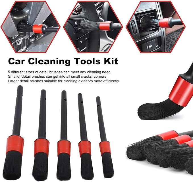 Car Cleaning Tools Kit with Detailing Brush for Cleaning Wheels Dashboard Interior Exterior Air Vents Car Seats Windows