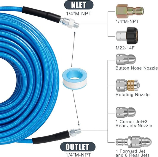 150 FT Sewer Jetter Kit for Pressure Washer, 5800PSI Water Jet Drain Cleaner Hose, 1/4 Inch NPT Corner with 4 Sewer Jetting Nozzles, Pearl Corsage Pin, Waterproof Tape, Handle Strap&2 Spanner (Blue)