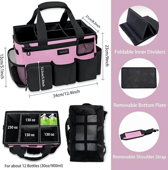 Wearable Cleaning Caddy Bag,Cleaning Supply Tote for Cleaning Supplies, Cleaning Organizer with Adjustable Shoulder and Waist Straps for Cleaners & Housekeepers (Large, Pink)