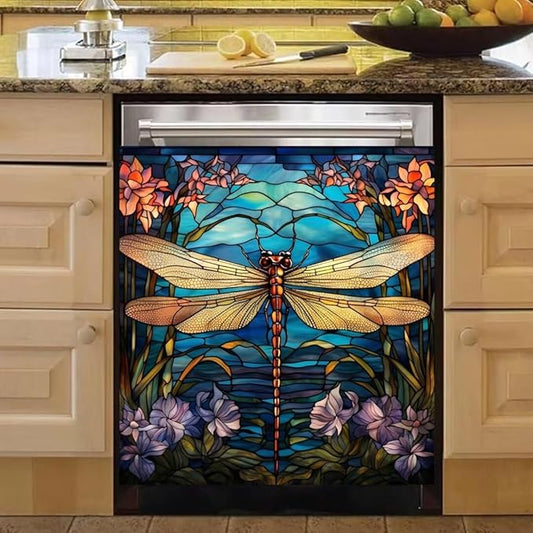 Dragonfly Dishwasher Cover Stained Glass Window Home Appliance Panel Decal, Stained Glass Dragonfly Refrigerator Cover Panels (23" W x 26" H Ordinary)