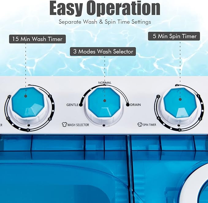 COSTWAY Portable Washing Machine, 2-in-1 Twin Tub 26lbs Capacity Laundry Washer(18lbs) and Spinner(8lbs) with Control Knobs, Timer Function, Drain Pump, Perfect for Home Apartment RV, Blue