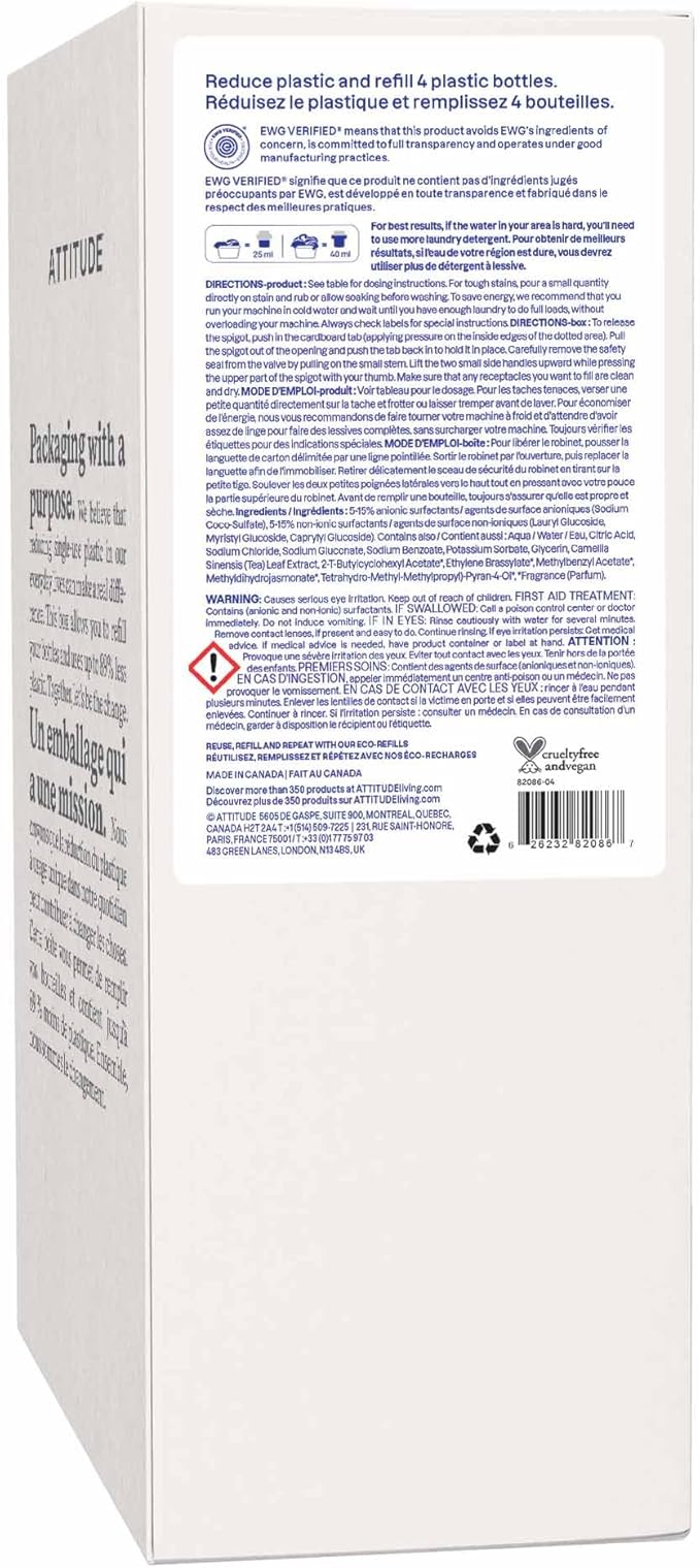 ATTITUDE Liquid Laundry Detergent Refill, EWG Verified, HE Compatible, Plant-Based & Vegan, Natural Laundry Soap, Pink Grapefruit Scent, 160 Loads, 135.26 Fl Oz (Pack of 2)