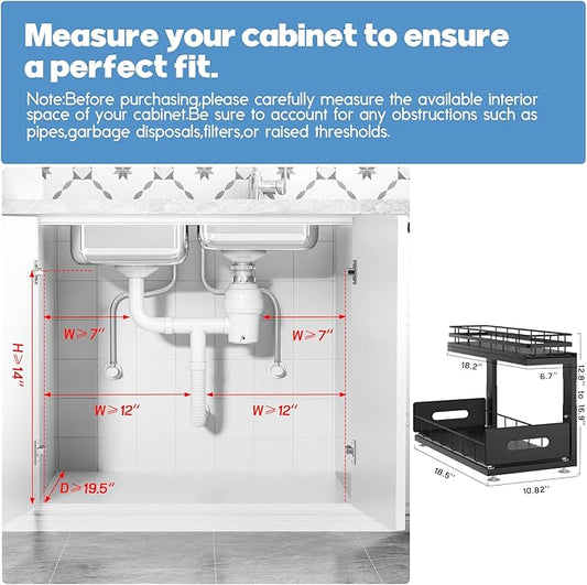 Under Sink Organizer Upgrade To Professional Rails,2-Tier Dual Pull Out Cabinet Storage,Height Adjustable Slide Out Drawers For Bathroom Kitchen,1 Pack-18.5"Dx12.8"-16.9"H,Black