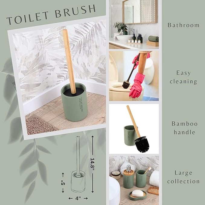 Chic Matte Green Toilet Brush Holder Set with Natural Bamboo Handle - Polyresin Bathroom Cleaning Accessory (Green, Toilet Bowl Brush Only)
