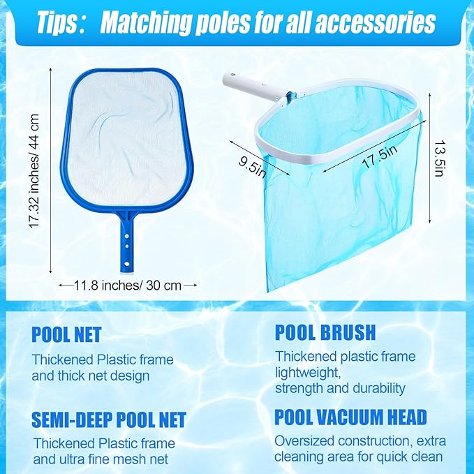 5 Pcs Swimming Pool Cleaning Kit 17.5'' Brush Head with 47'' Telescopic Aluminum Pole and Leaf Skimmer Net Vacuum Head Pumice Stone with Handle for Above Ground Pool Spa Hot Tub Maintenance