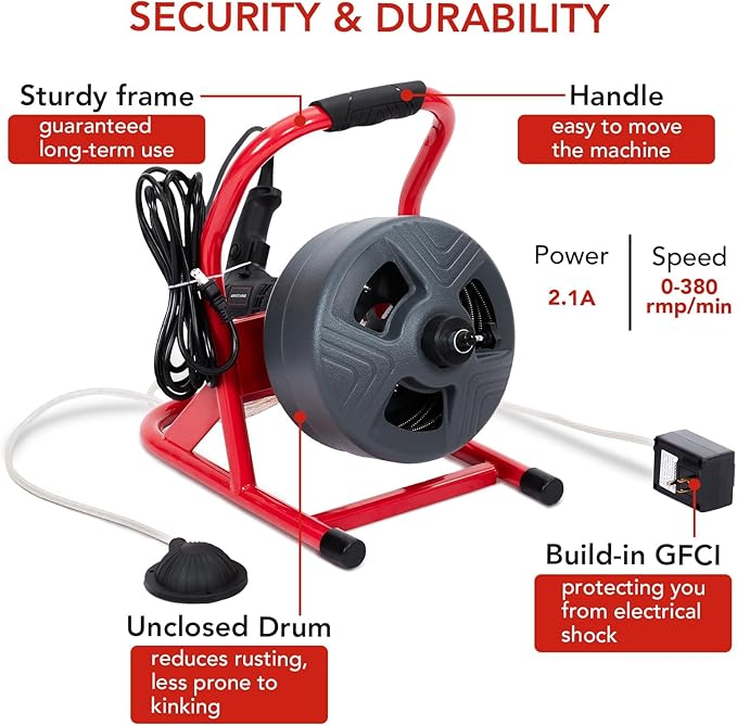 Drain Cleaner Machine 50Ft x 5/16 Inch, Electric Drain Auger Professional, Foot Switch with 6 Cutters, Glove, Drain Auger Cleaner Sewer Snake for 3/4 to 3 Inch Pipes
