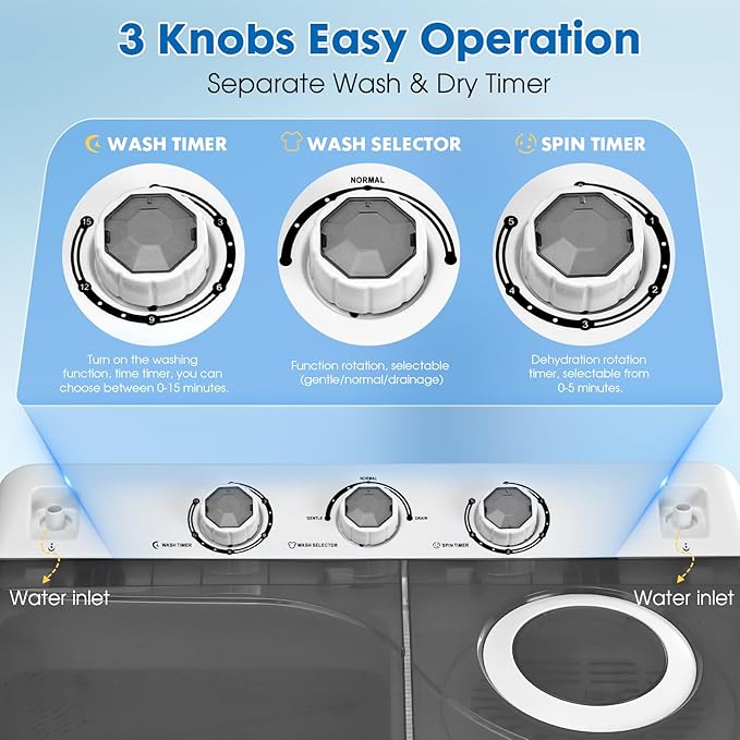 Portable Washing Machine, 28lbs Twin Tub with Drain Pump - 18lbs Washer and 10lbs Spinner Combo, Semi-Automatic Compact Laundry Machine for Apartments, Dorms, RVs, Camping - Grey