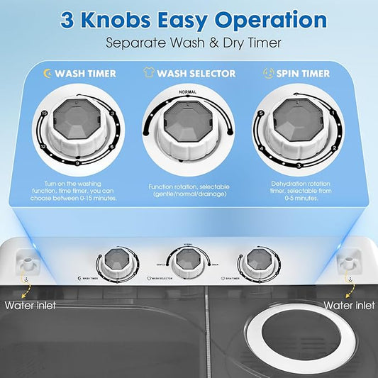 Portable Washing Machine, 28lbs Twin Tub with Drain Pump - 18lbs Washer and 10lbs Spinner Combo, Semi-Automatic Compact Laundry Machine for Apartments, Dorms, RVs, Camping - Grey