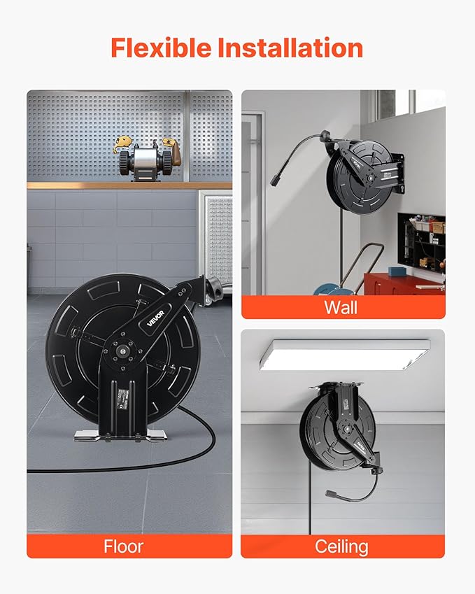 VEVOR Pressure Washer Hose Reel, 50 ft x 3/8 inch Retractable Power Heavy-Duty Steel Washer Hose Reel, 4000PSI Max, Auto-Rewinding, Flexible Wall/Floor Mounted for Car Washing,Garden,Floor Cleaning