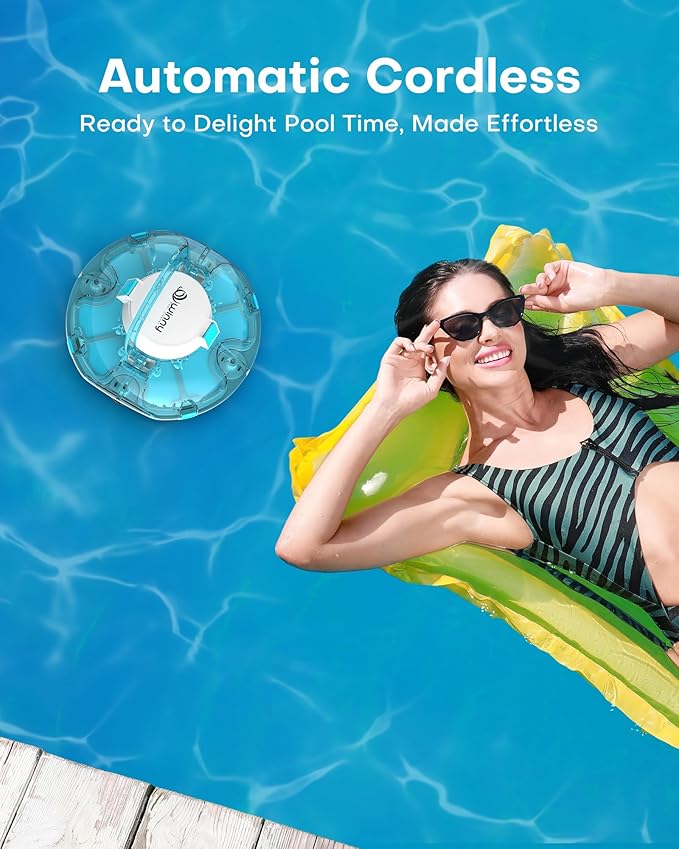 (2026 Upgrade) Cordless Robotic Pool Cleaner, Lasts 80 Min, Automatic Vacuum for Above-Ground Pools up to 645 Sq.ft,Portable, Self-Parking (Transparent Blue)