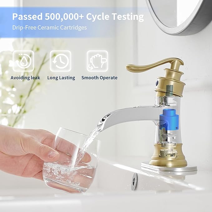BWE Bathroom Faucet Waterfall Single Handle Chrome and Gold Vanity with Pop Up Drain Stopper with Overflow One Hole Lever Bath Sink Basin Restroom Mixer Tap Commercial Supply Line