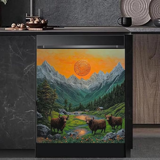 Mountain Landscape Kitchen Decor Dishwasher Magnet Cover Decal, Highland Cattle Sunset Scene Magnetic Dish Washer Panel Door Vinyl Sticker, Refrigerator Magnets,Easy to Clean, 23 x 26 inch