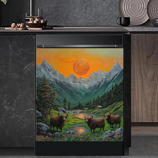 Mountain Landscape Kitchen Decor Dishwasher Magnet Cover Decal, Highland Cattle Sunset Scene Magnetic Dish Washer Panel Door Vinyl Sticker, Refrigerator Magnets,Easy to Clean, 23 x 26 inch