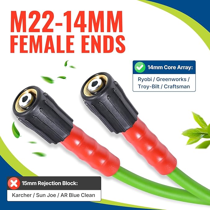 YAMATIC Flexible Pressure Washer Hose 100FT 1/4", 3200 PSI, M22-14mm Female Ends, Kink-Resistant Replacement for Gas/Electric Power Washer Troy-Bilt Ryobi Craftsman