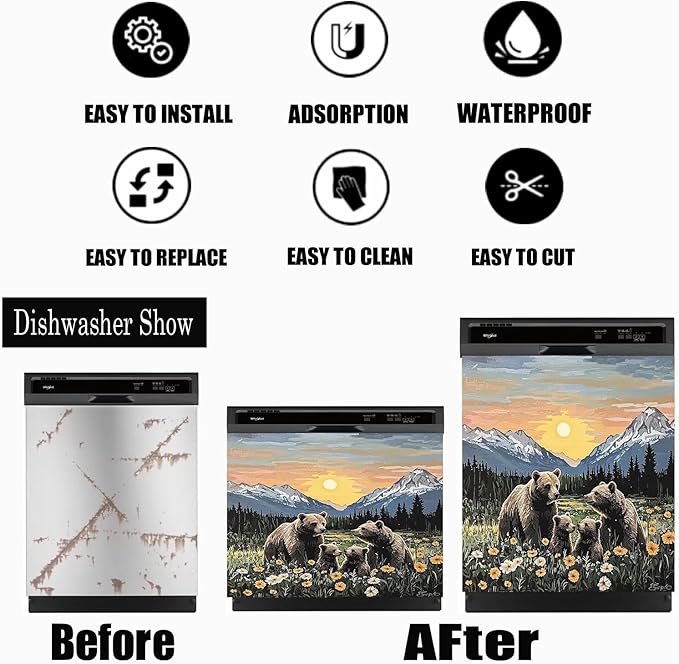 Dishwasher Magnet Cover Panel Sunset Garden Bears Refrigerator Magnetic Stickers Oil Painting Style Brown Bear Magnetic Dishwasher Decals for Home Kitchen Decor 23" x 26"(Magnetic)