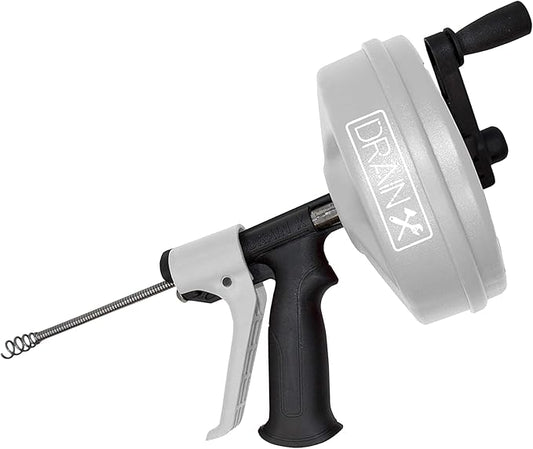 DrainX SPINFEED 50 Foot Drum Auger | Use Manually or Drill Powered - Auto Extend and Retract Plumbing Snake | Work Gloves and Storage Bag Included