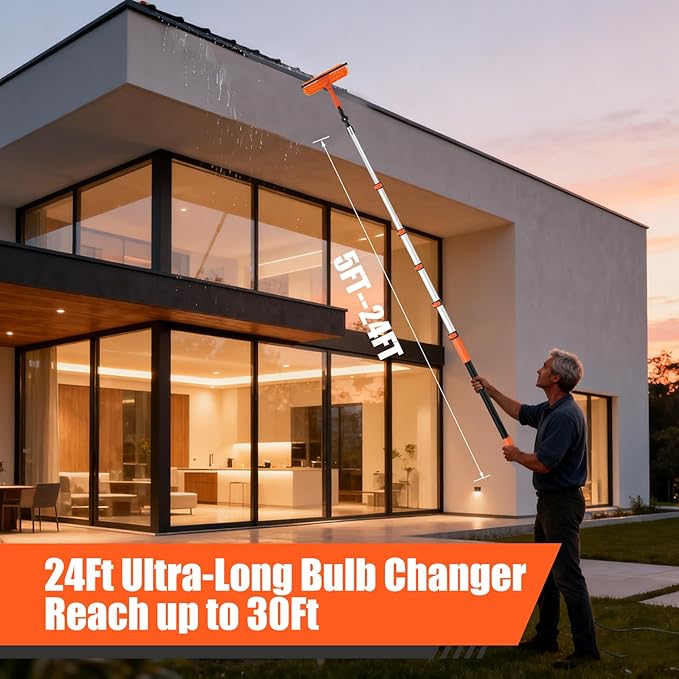 30FT Light Bulb Changer for High Ceilings with 5-24FT Heavy Duty Extension Pole,High Ceiling Ceiling Fan Cleaner Duster Kit for Home & House High Window, Interior Roof Window Cleaning Orange